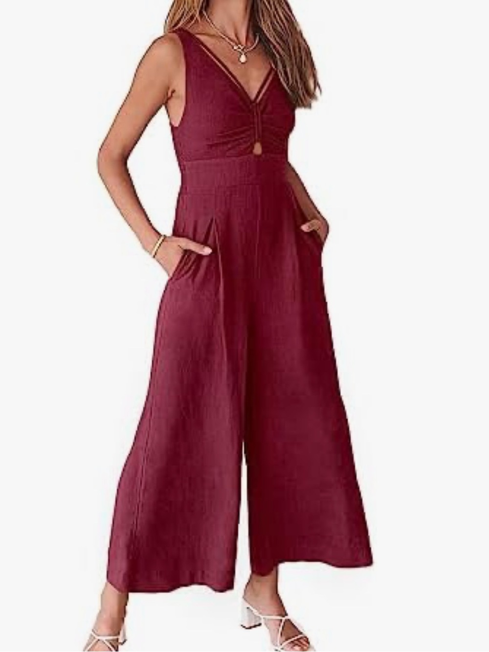 Sleeveless V-Neck Wide-Leg Jumpsuit in Crimson Wine